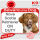 Red Portal Sign "Beware of the Dog, Nova Scotia Retriever on duty" gate photo plate notice, Door plaque placard Duck Tolling