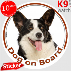 black brindle and white Welsh Corgi, car circle sticker "Dog on board" decal adhesive label Pembroke cardigan photo notice