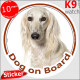 White Saluki, circle sticker "Dog on board" 14 cm, car decal label adhesive dog photo greyhound persan notice