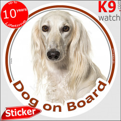 White Saluki, circle sticker "Dog on board" 14 cm, car decal label adhesive dog photo greyhound persan notice