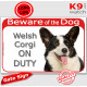 Red Portal Sign "Beware of the Dog, brindle black and white Welsh Corgi on duty" gate photo plate notice, Door plaque placard