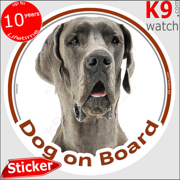 Grey blue Great Dane, car circle sticker "Dog on board" decal photo label notice Deutsche Dogge, German Mastiff