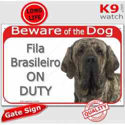 Red Portal Sign "Beware of the Dog, brindle Fila Brasileiro on duty" gate photo plate notice, Door plaque placard