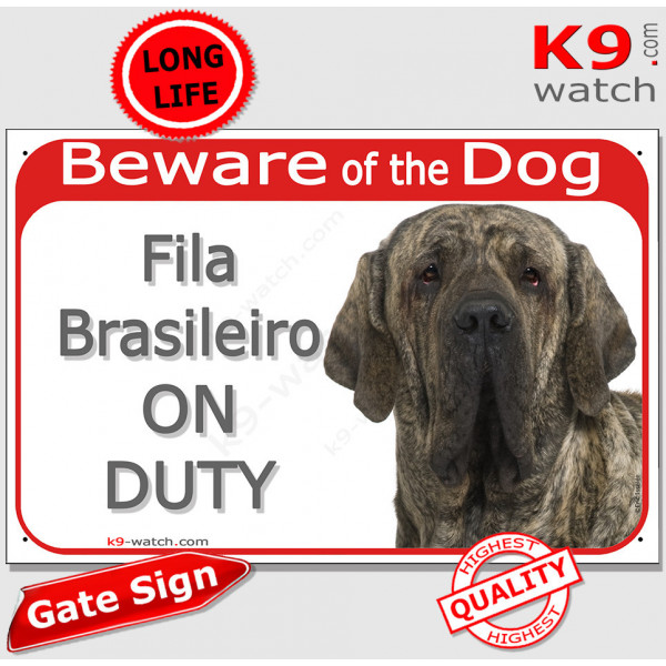 brindle Fila Brasileiro Head, Gate Plaque Beware of the Dog on Duty sign,  placard, panel