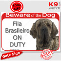 Red Portal Sign "Beware of the Dog, Fila Brasileiro on duty" 24 cm