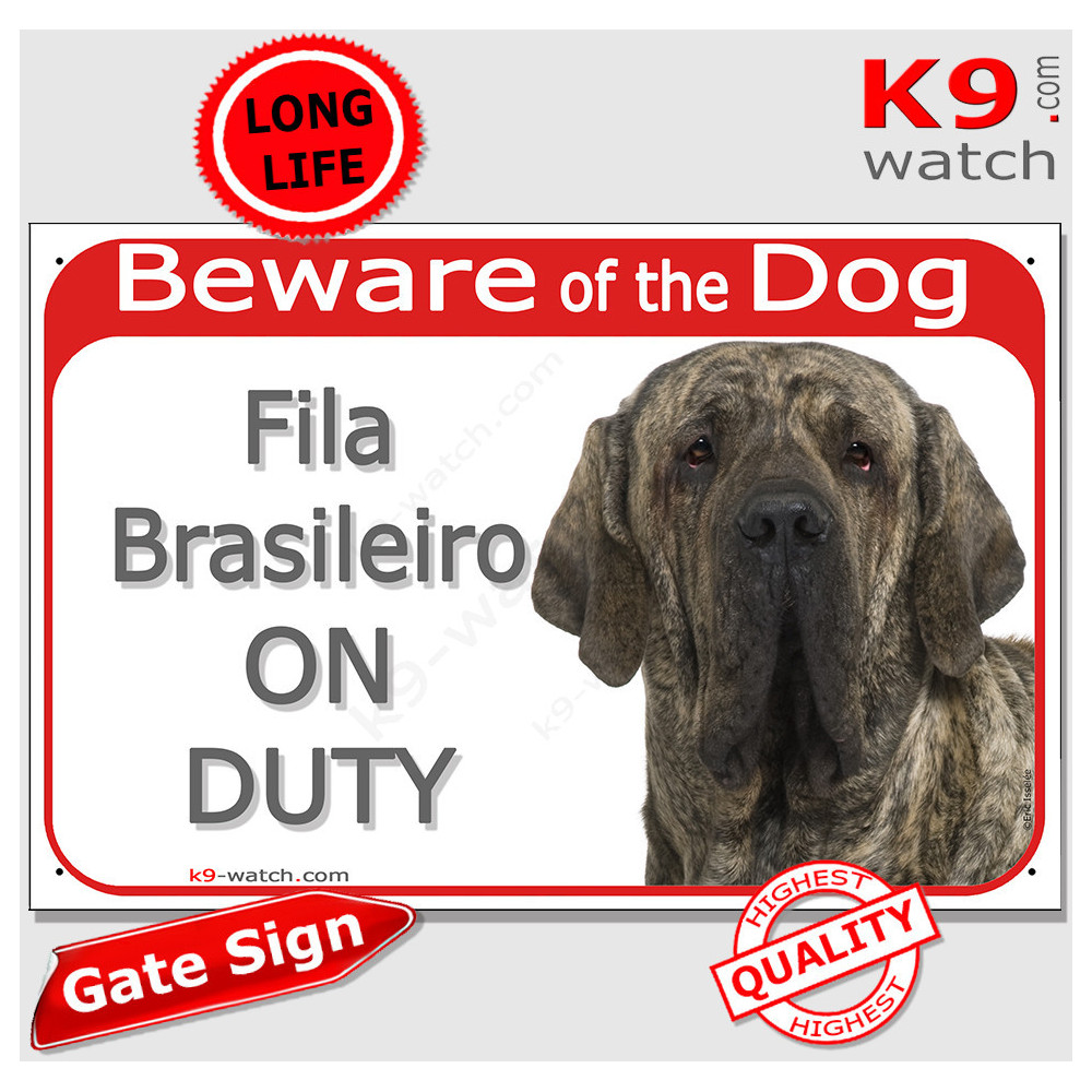 brindle Fila Brasileiro Head, Gate Plaque Beware of the Dog on Duty sign,  placard, panel