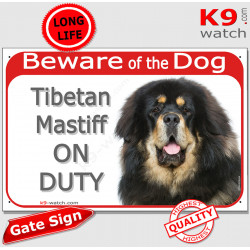 Red Portal Sign "Beware of the Dog, black and tan Tibetan Mastiff on duty" photo gate notice, plaque placard