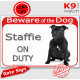 Red Portal Sign "Beware of the Dog, Black Staffie on duty" portal placard Staffordshire Bull Terrier photo notice door plate