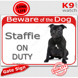 Red Portal Sign "Beware of the Dog, Black Staffie on duty" portal placard Staffordshire Bull Terrier photo notice door plate