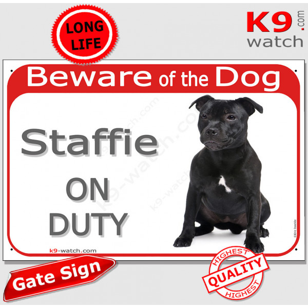 Red Portal Sign "Beware of the Dog, Black Staffie on duty" portal placard Staffordshire Bull Terrier photo notice door plate