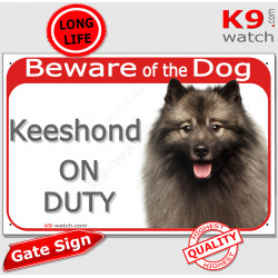 Red Portal Sign "Beware of the Dog, Keeshond on duty" gate photo plate notice, Door plaque placard Dutch Barge, Smiling Dutchman