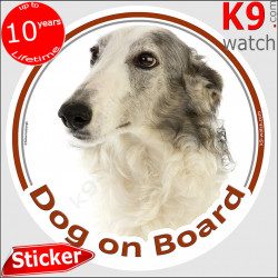 white and blue Borzoi, grey and white Russian Hunting Sighthound, car circle sticker "Dog on board" Photo notice, label decal
