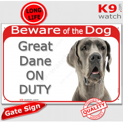 Red Portal Sign "Beware of the Dog, grey blue Great Dane on duty" 24 cm, gate plate notice dog photo