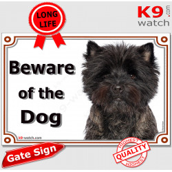 Dark Cairn Terrier head, Gate Sign Beware of the Dog plaque placard panel photo notice