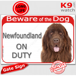 Red Portal Sign "Beware of the Dog, brown chocolate Newfoundland on duty" Plate photo notice newf Gate panel