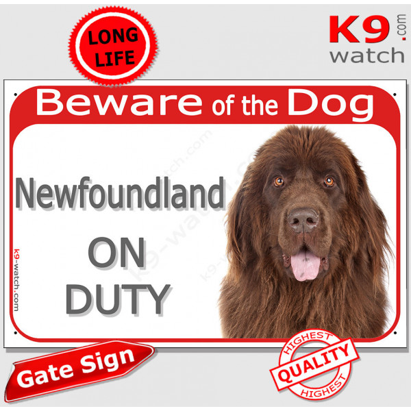 Red Portal Sign "Beware of the Dog, brown chocolate Newfoundland on duty" Plate photo notice newf Gate panel