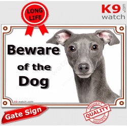 blue grey Italian Greyhound head, portal Sign "Beware of the Dog" gate plate photo notice. Door plaque