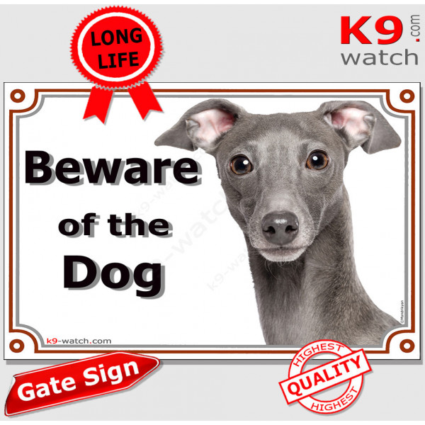blue grey Italian Greyhound head, portal Sign "Beware of the Dog" gate plate photo notice. Door plaque
