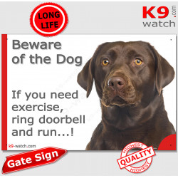 brown chocolate Labrador Retriever, funny Portal Sign "Beware of the Dog, need exercise, ring & run" gate photo hilarious plate