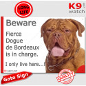 Funny Sign "Beware of the Dog, fierce Dogue de Bordeaux is in charge !" 24 cm