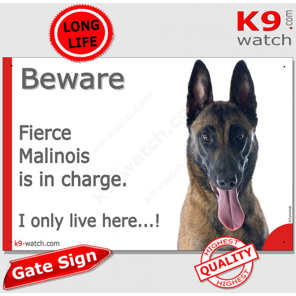 Funny Portal Sign "Beware fierce Malinois is in charge. I only live here" gate photo hilarious plate notice, Door plaque placard