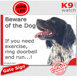 Black French Brittany Spaniel, funny Portal Sign "Beware of the Dog, need exercise, ring & run" photo hilarious plate notice
