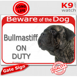 Red Portal Sign "Beware of the Dog, Brindle brown Bullamstiff on duty" gate photo plate notice, Door plaque placard