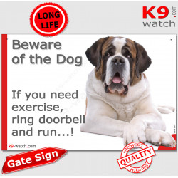 St-Bernard, funny Portal Sign "Beware of the Dog, need exercise, ring & run" gate photo hilarious plate notice, photo plaque