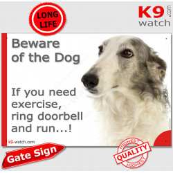 blue Borzoi, funny Portal Sign "Beware of the Dog, need exercise, ring & run" gate photo hilarious plate notice, Door plaque
