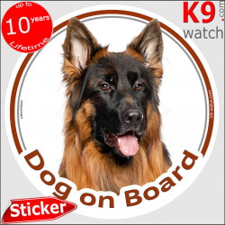 Black and Tan Long hair German Shepherd, circle sticker "Dog on board" car decal label adhesive photo notice