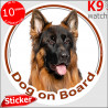 Black and Tan Long hair German Shepherd, circle sticker "Dog on board" car decal label adhesive photo notice