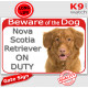 Red Portal Sign "Beware of the Dog, Nova Scotia Retriever on duty" gate photo plate notice, Door plaque placard Duck Tolling