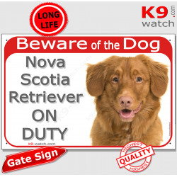 Red Portal Sign "Beware of the Dog, Nova Scotia Retriever on duty" gate photo plate notice, Door plaque placard Duck Tolling