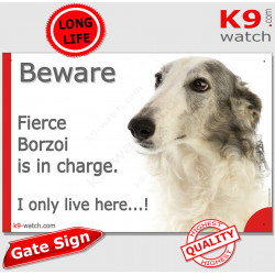 Funny Portal Sign "Beware fierce grey Borzoi is in charge. I only live here" gate photo hilarious plate notice, Door plaque 