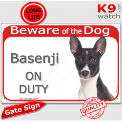 Red Portal Sign "Beware of the Dog, black and white Basenji on duty" Gate photo notice, Door plaque plate