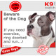grey blue Amstaff, funny Portal Sign "Beware of the Dog, need exercise, ring & run" gate photo hilarious plate notice, American 