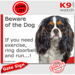 Tricolor Cavalier King Charles, funny Portal Sign "Beware of the Dog, need exercise, ring & run" gate photo hilarious plate