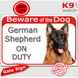 Red gate sign "beware of dog german shepherd long hair on duty" plate panel photo notice