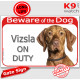 Red Portal Sign "Beware of the Dog, Wirehaired Vizsla on duty" gate photo plate notice, Door plaque placard
