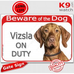 Red Portal Sign "Beware of the Dog, Wirehaired Vizsla on duty" gate photo plate notice, Door plaque placard