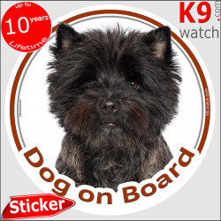 Dark black Cairn Terrier Head, circle sticker "Dog on board" decal adhesive car label photo notice