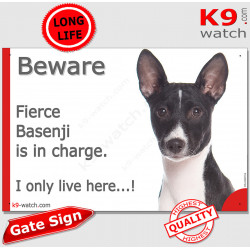 Funny Portal Sign "Beware fierce Black and White Basenji is in charge. I only live here" gate photo hilarious plate notice, Door
