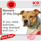 fawn Amstaff, funny Portal Sign "Beware of the Dog, need exercise, ring & run" gate photo hilarious plate notice, American brown