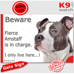 Funny Portal Sign "Beware fierce grey blue Amstaff is in charge. I only live here" gate photo hilarious plate notice, Door plaqu