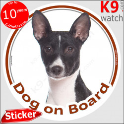 black and white Basenji, car circle sticker "Dog on board" decal photo label, adhesive notice