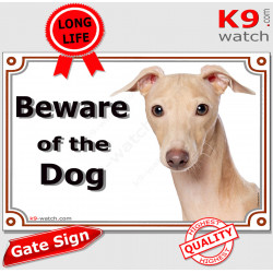 Fawn beige Italian Greyhound head, portal Sign "Beware of the Dog" gate plate photo notice. Door plaque