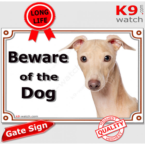 Fawn beige Italian Greyhound head, portal Sign "Beware of the Dog" gate plate photo notice. Door plaque