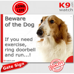 Brown Fawn Borzoi, funny Portal Sign "Beware of the Dog, need exercise, ring & run" gate photo hilarious plate notice, Door