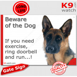 shorthaired German Shepherd, funny Portal Sign "Beware of the Dog, need exercise, ring & run" gate photo hilarious plate notice