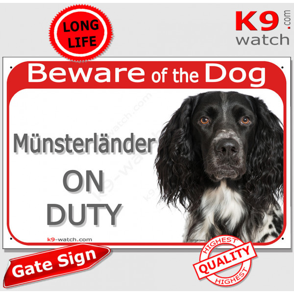 Red Portal Sign "Beware of the Dog, Small Münsterländer on duty" gate photo plate notice, Door plaque placard